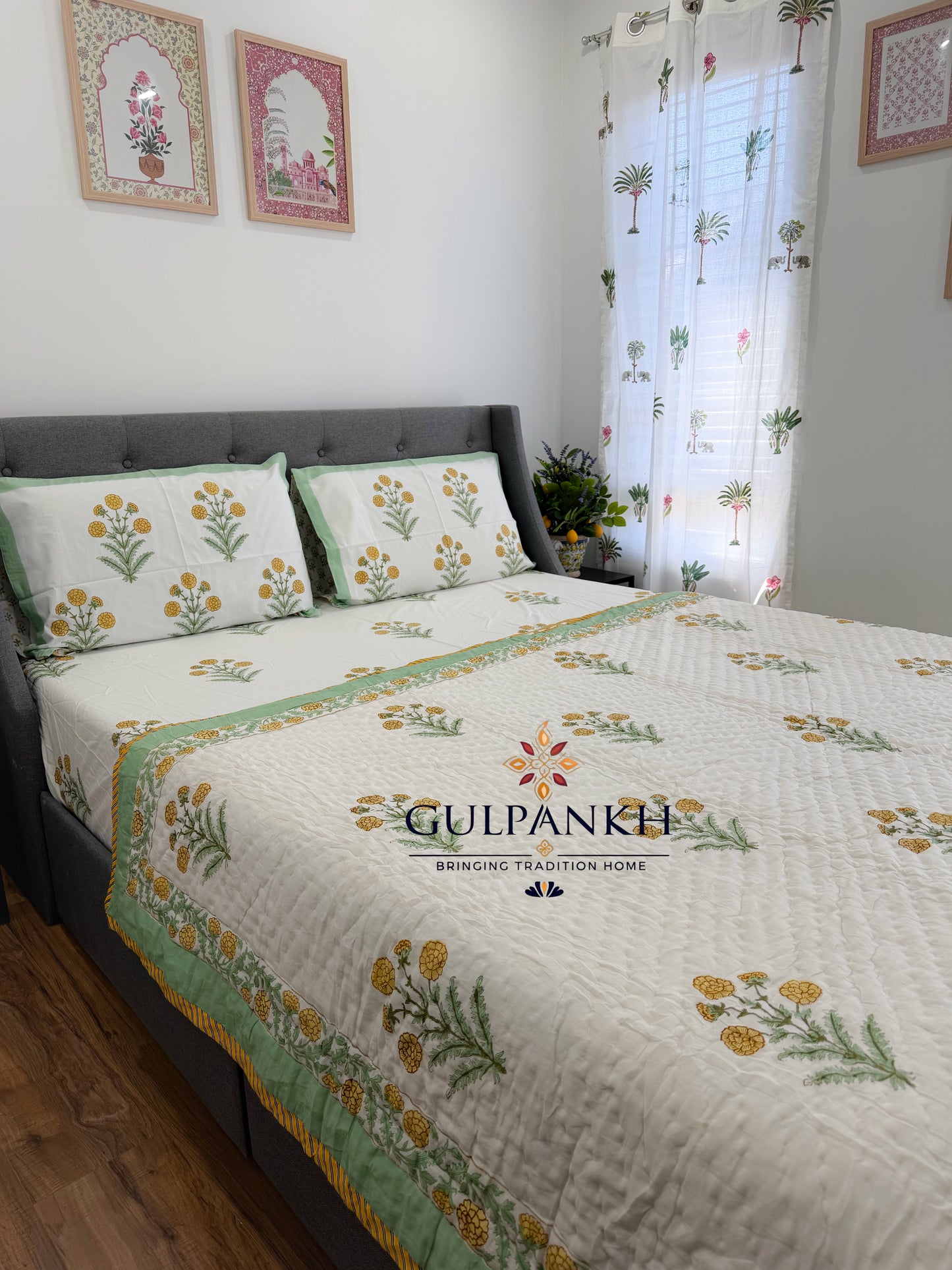 Hand Block Printed Cotton Bedding Set with Quilt - Sunflower Gulzar | Gulpankh Canada