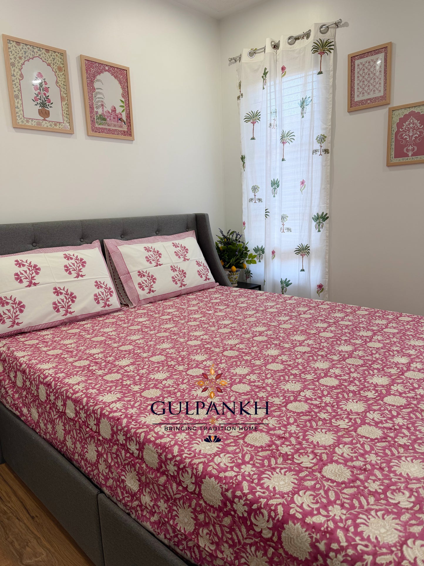 Hand Block Printed King Fitted Bedsheet - Gul Rang Mahal | Gulpankh Canada