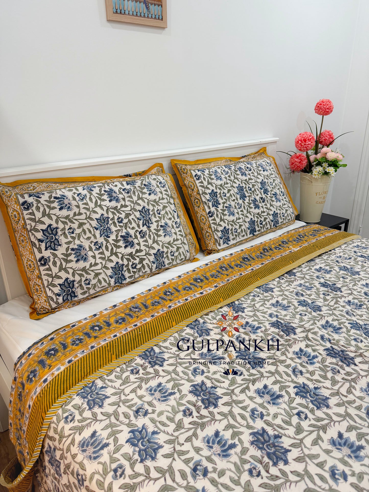 Reversible Hand Block Printed Cotton Quilt - Neel Mustard Gulzar | Gulpankh Canada