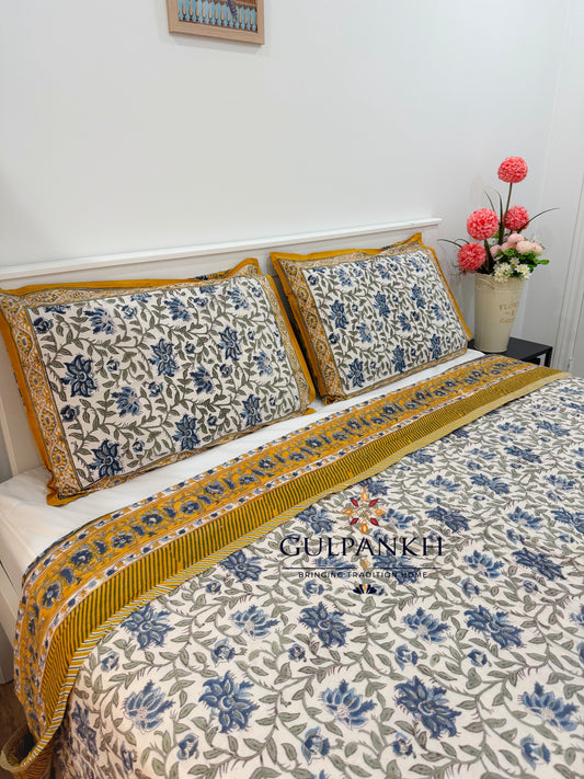 Reversible Hand Block Printed Cotton Quilt - Neel Mustard Gulzar | Gulpankh Canada
