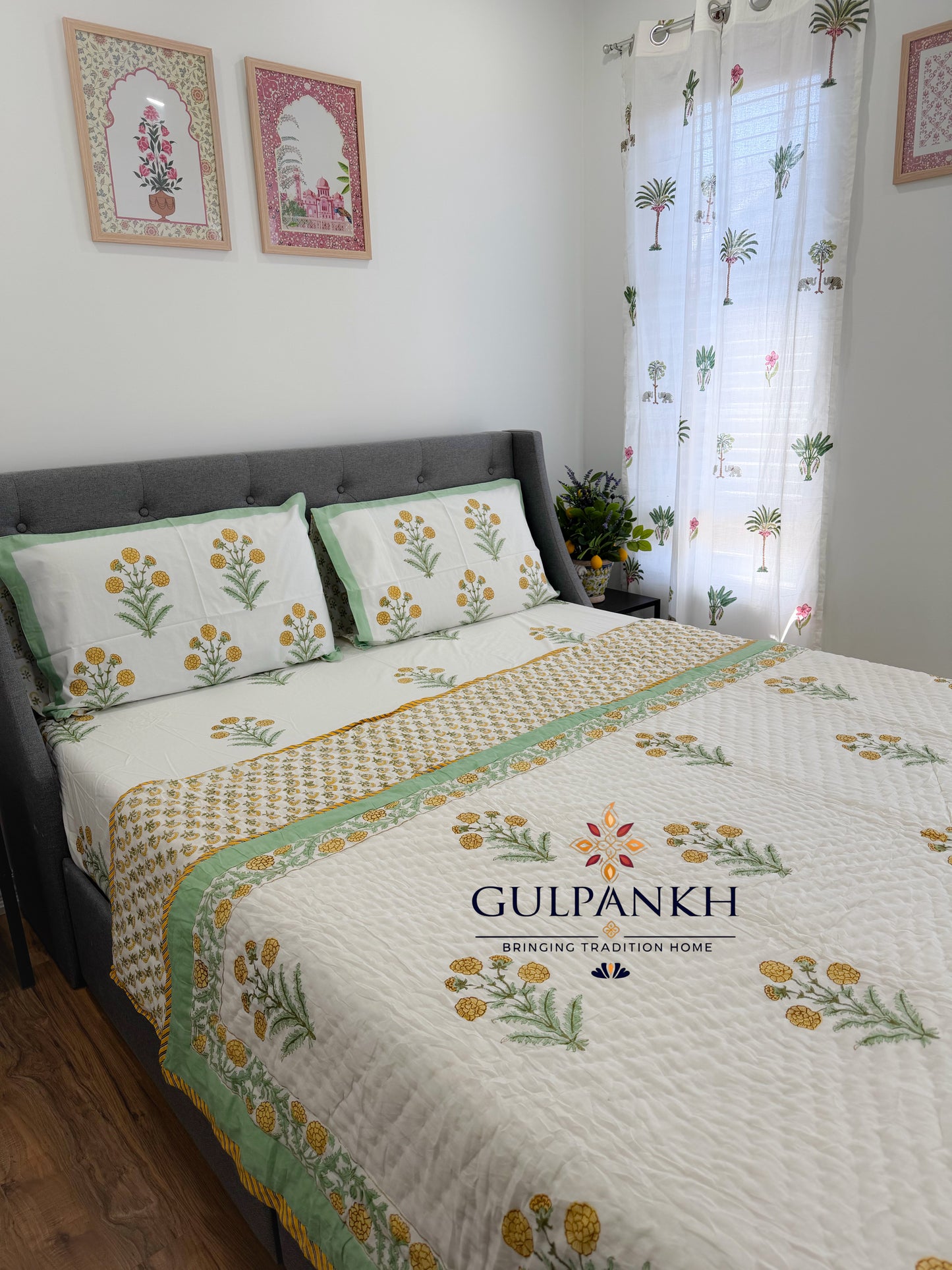 Hand Block Printed Cotton Bedding Set with Quilt - Sunflower Gulzar | Gulpankh Canada