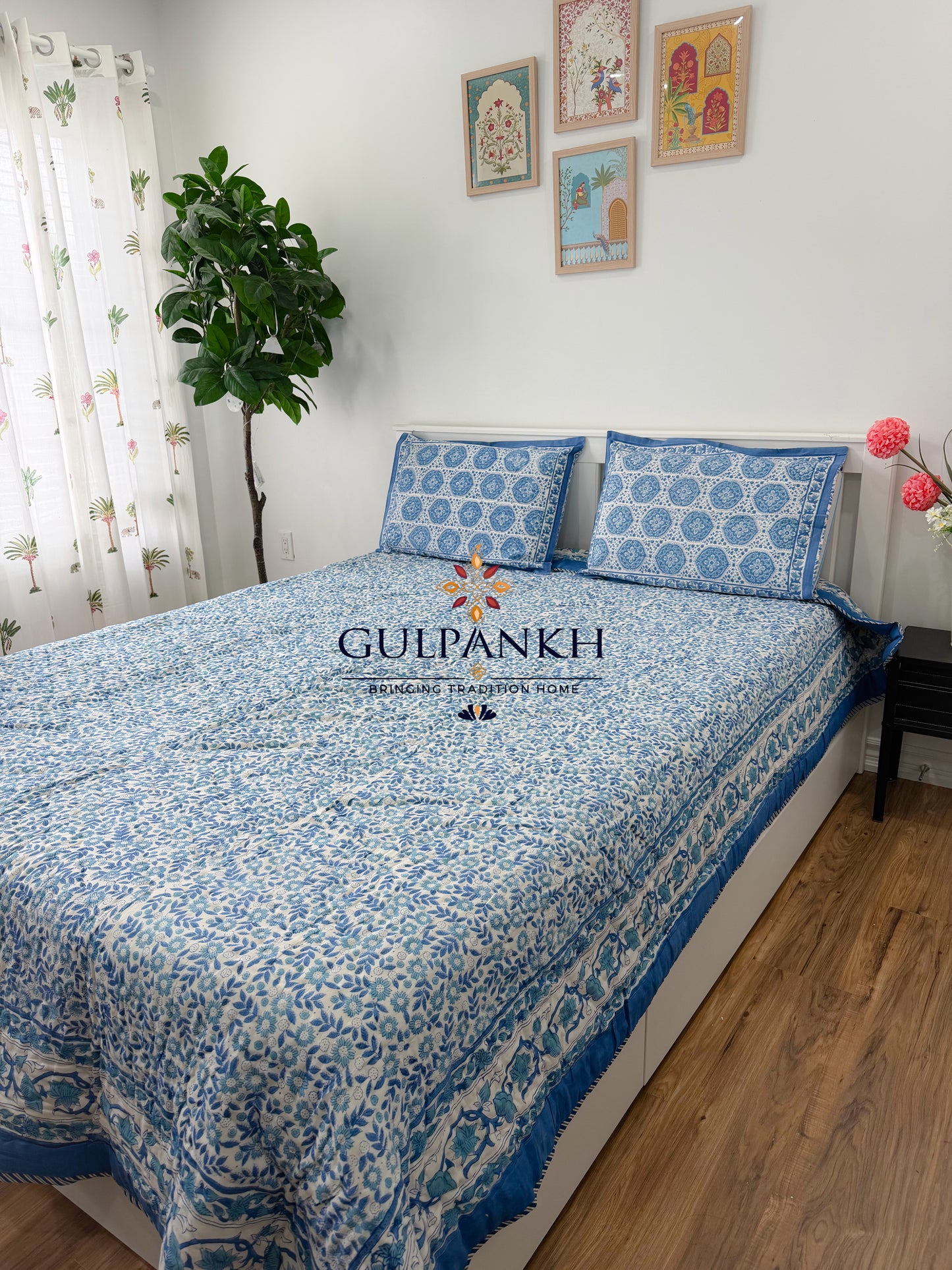 Hand Block Printed Cotton Quilt - Neel Medallion Heritage | Gulpankh Canada