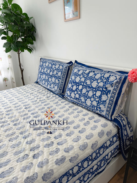 Hand Block Printed Cotton Quilt - Indigo Paisley Heritage | Gulpankh Canada