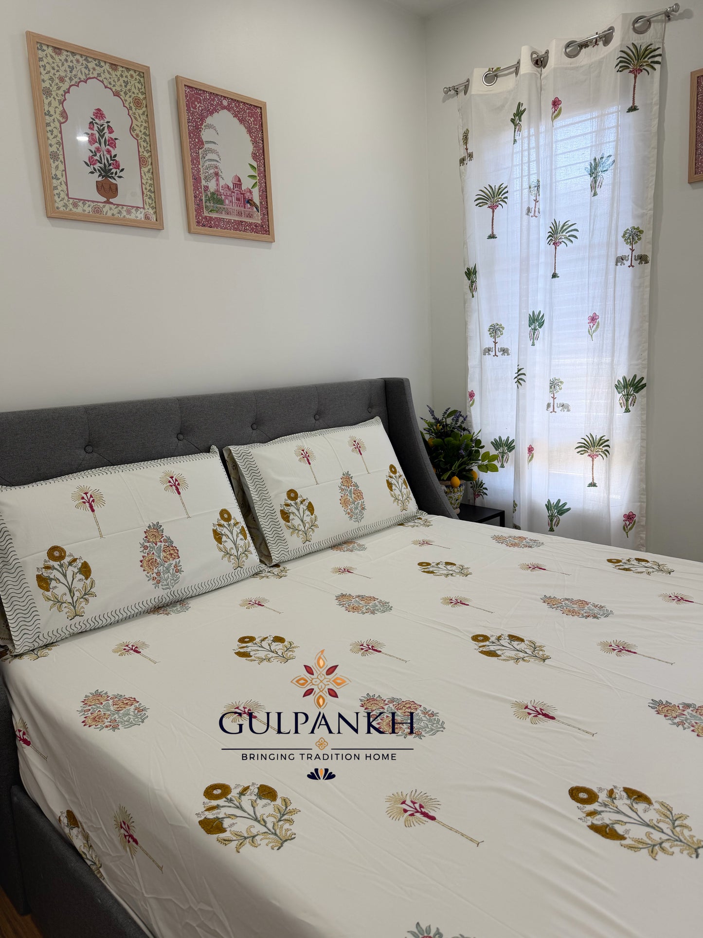 Hand Block Printed King Fitted Bedsheet - Palm Gul Jardin | Gulpankh Canada