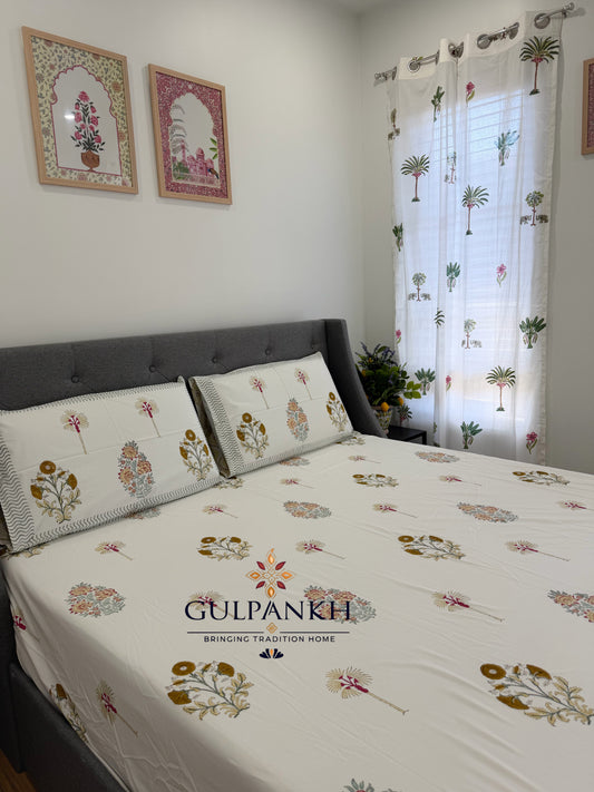 Hand Block Printed Queen Fitted Bedsheet - Palm Gul Jardin | Gulpankh Canada