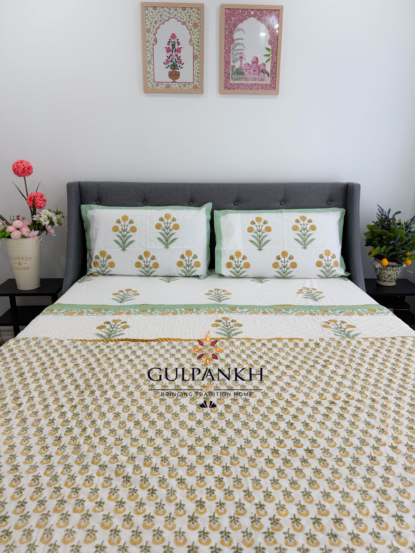 Hand Block Printed Cotton Bedding Set with Quilt - Sunflower Gulzar | Gulpankh Canada