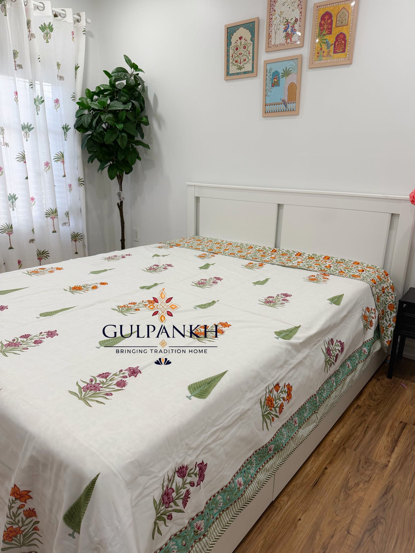 Hand Block Printed Mulmul Cotton Dohar - Marigold Meadow Grove | Gulpankh Canada