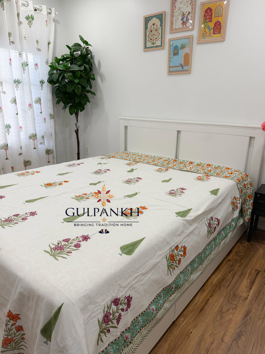 Hand Block Printed Mulmul Cotton Dohar - Marigold Meadow Grove | Gulpankh Canada
