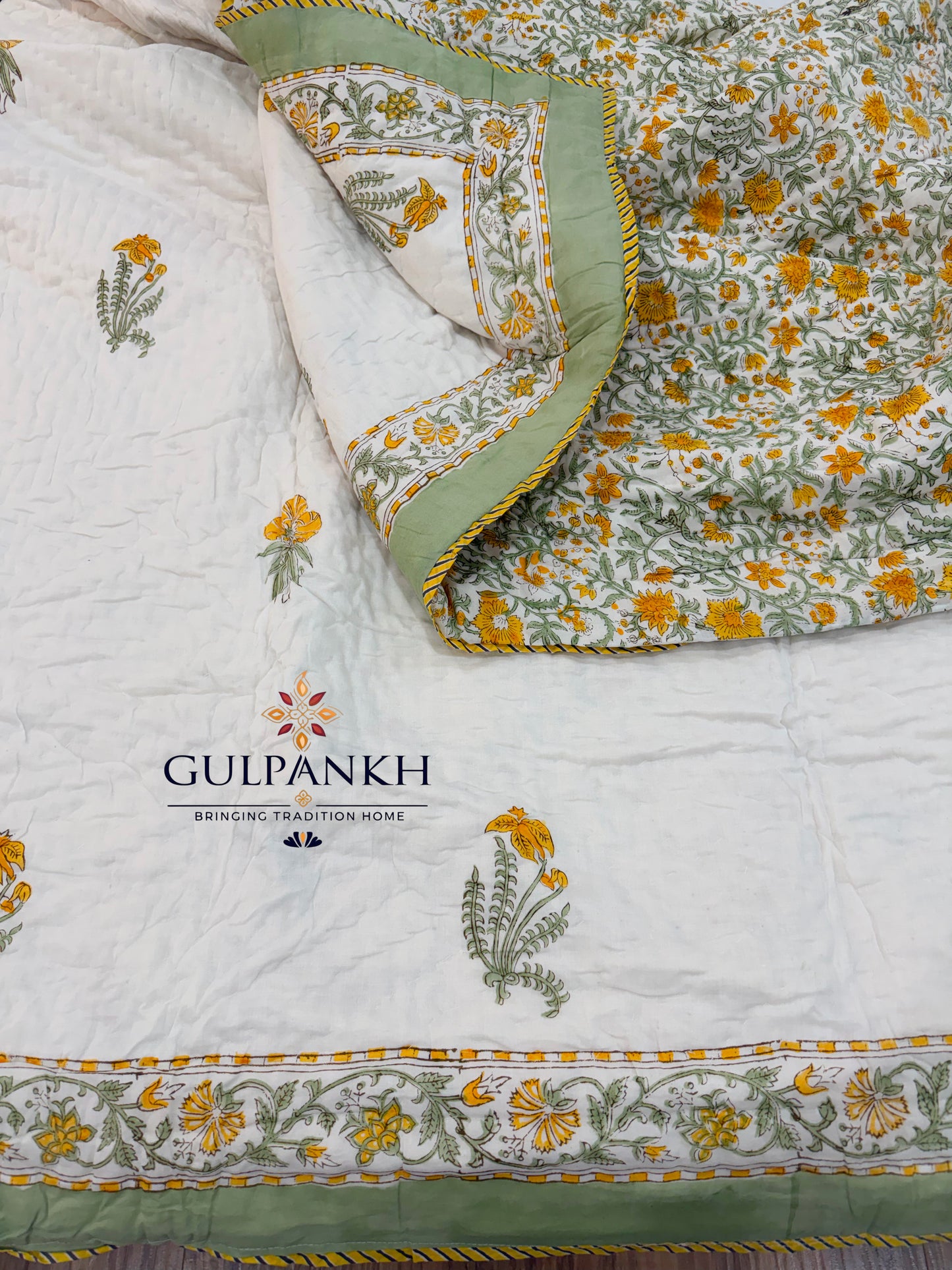 Reversible Hand Block Printed Cotton Quilt - Yellow Fern | Gulpankh Canada