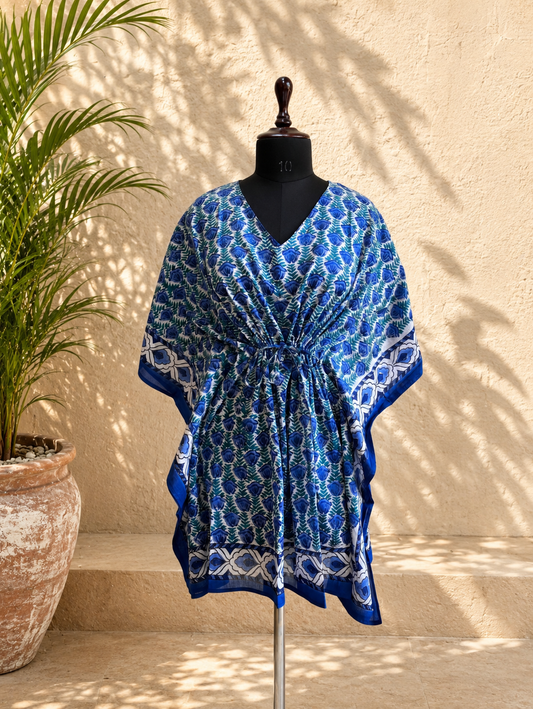 Hand Block Printed Cotton Short Kaftan – Neel Gulab Vatika | Gulpankh Canada