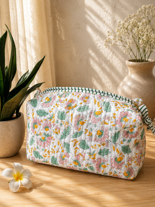 Hand Block Printed Quilted Vanity Bag – Blush Meadow Bloom | Gulpankh Canada