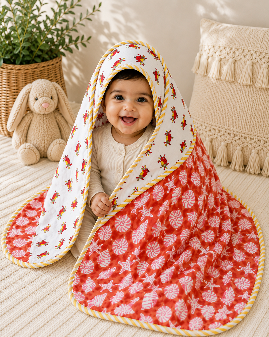 Hand Block Printed Hooded Baby Swaddle Blanket – Coral Seashell Birdie | Gulpankh Canada