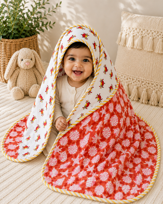 Hand Block Printed Hooded Baby Swaddle Blanket – Coral Seashell Birdie | Gulpankh Canada