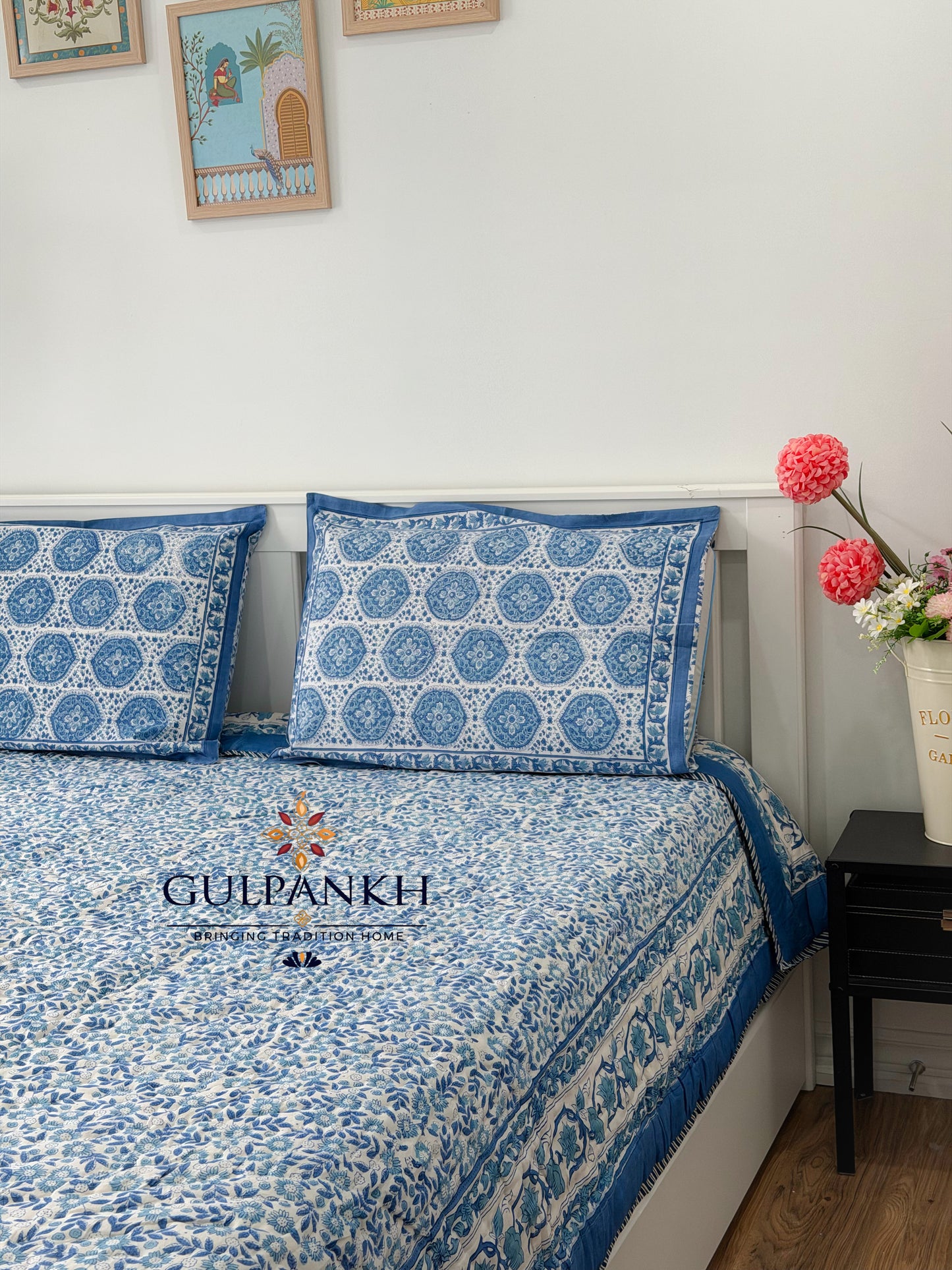 Hand Block Printed Cotton Quilt - Neel Medallion Heritage | Gulpankh Canada