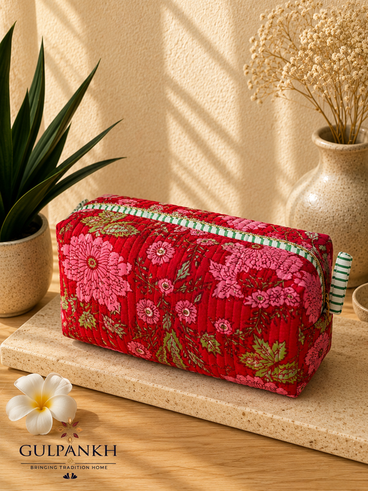 Hand Block Printed Quilted Vanity Bag – Ruby Blossom Garden | Gulpankh Canada