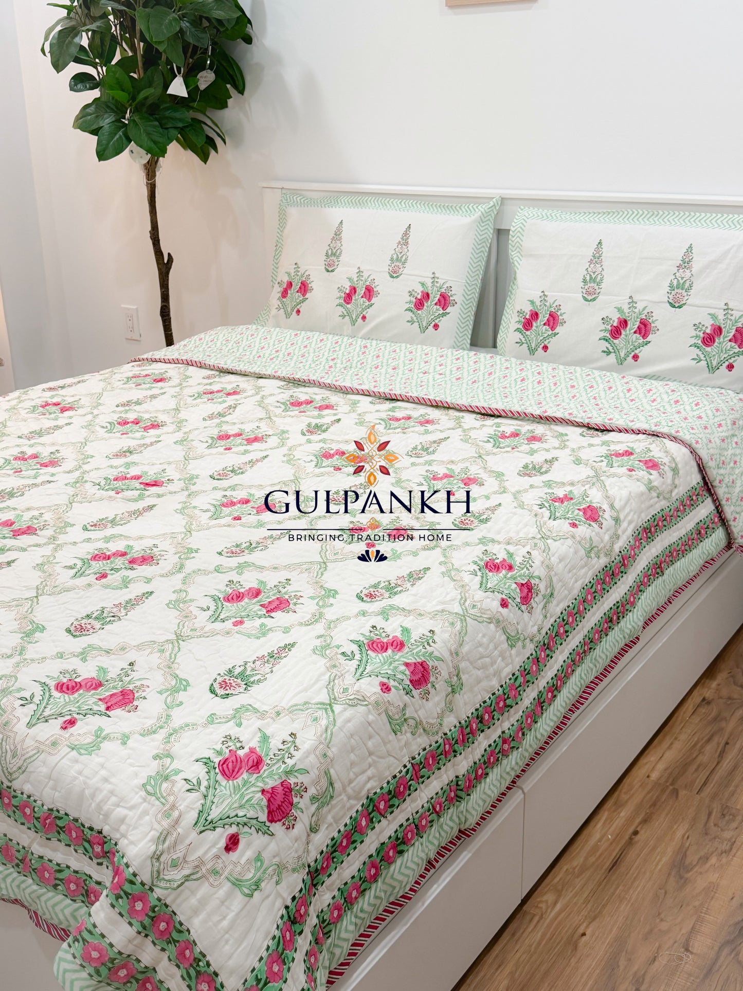 Reversible Hand Block Printed Cotton Quilt - Gulabi Mint Courtyard | Gulpankh Canada
