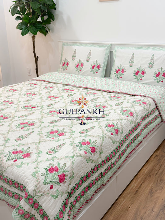 Reversible Hand Block Printed Cotton Quilt - Gulabi Mint Courtyard | Gulpankh Canada