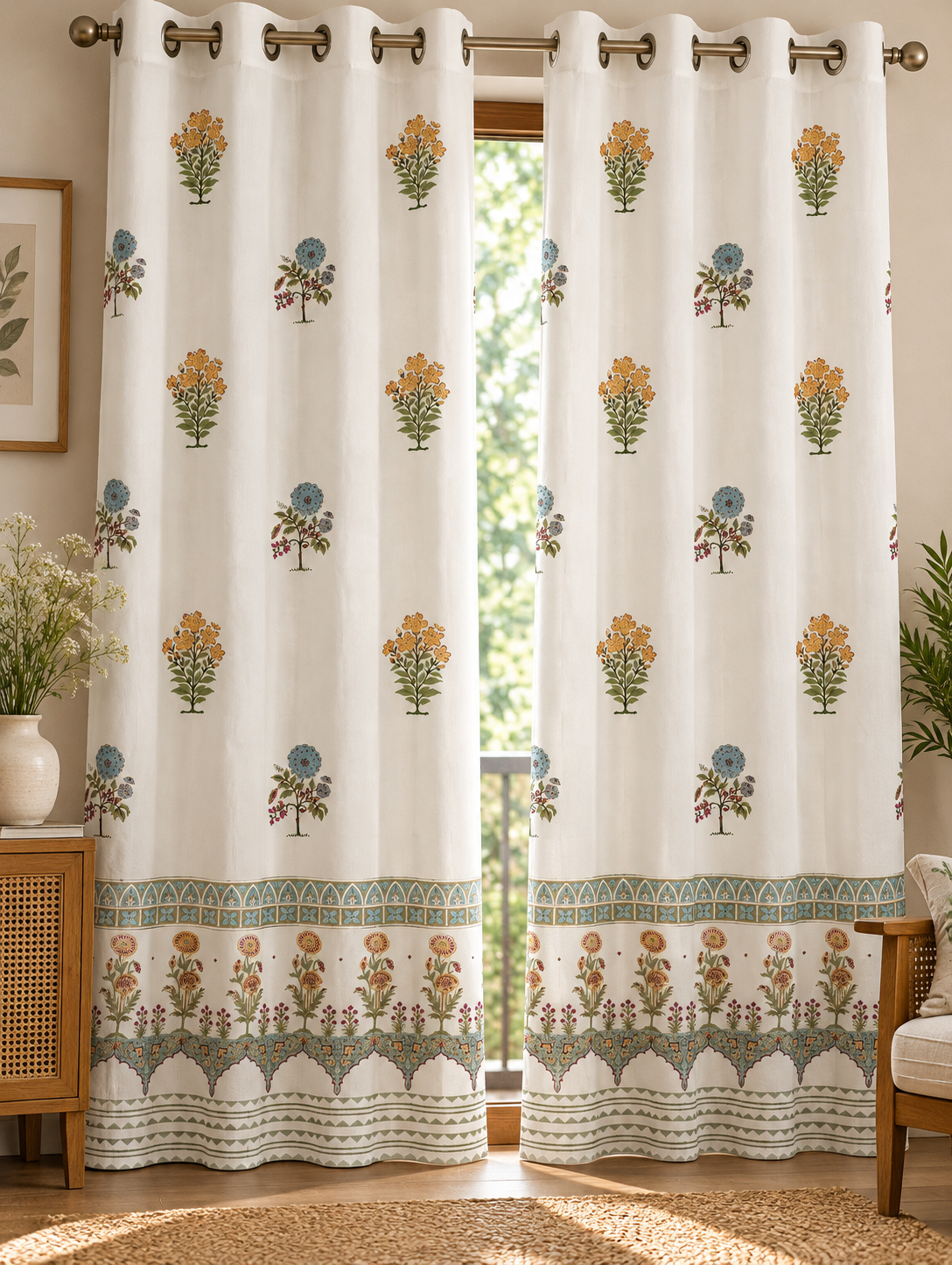 Hand Block Printed 100% Cotton Eyelet Curtain – Marigold Garden | 9 Ft | Gulpankh Canada