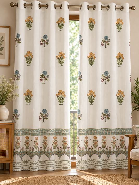Hand Block Printed 100% Cotton Eyelet Curtain – Marigold Garden | 9 Ft | Gulpankh Canada