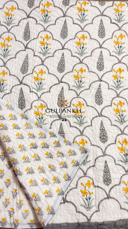 Hand Block Printed Reversible Cotton Twin Quilt - Golden Cypress Bloom | Gulpankh Canada