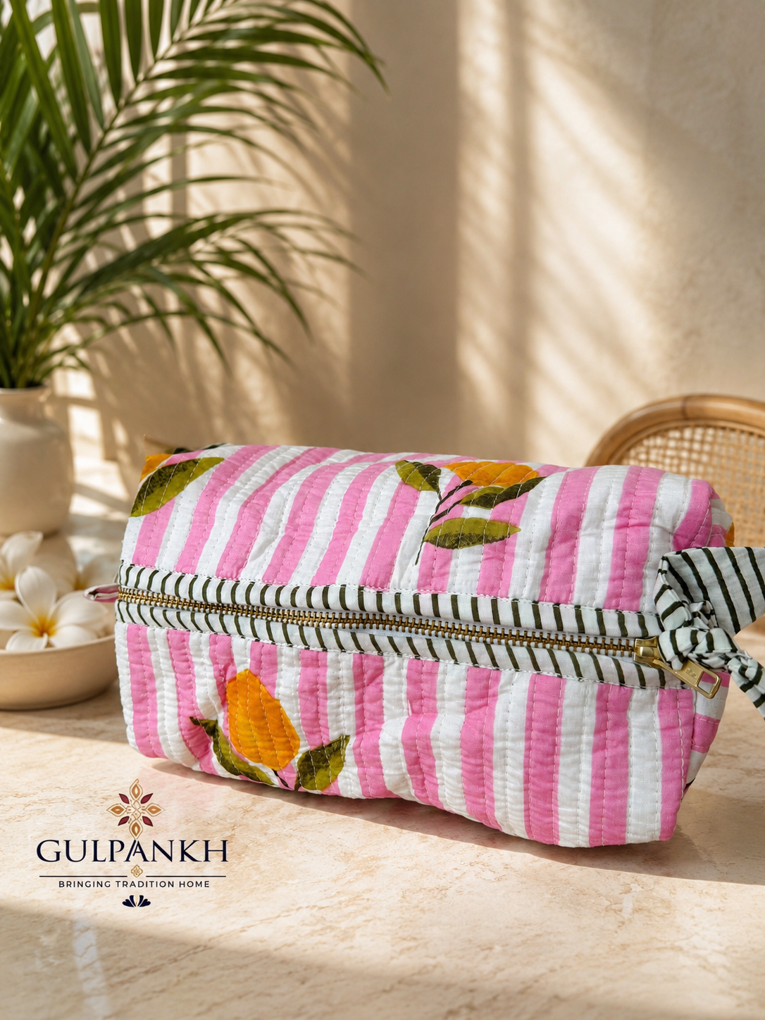Hand Block Printed Quilted Vanity Bag – Pink Citrus Bloom | Gulpankh Canada