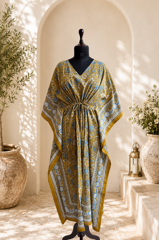 Hand Block Printed Cotton Kaftan – Sunehri Neel Gulzar | Gulpankh Canada