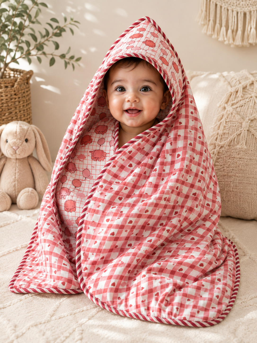 Hand Block Printed Hooded Baby Swaddle Blanket – Blush Elephant Hearts | Gulpankh Canada