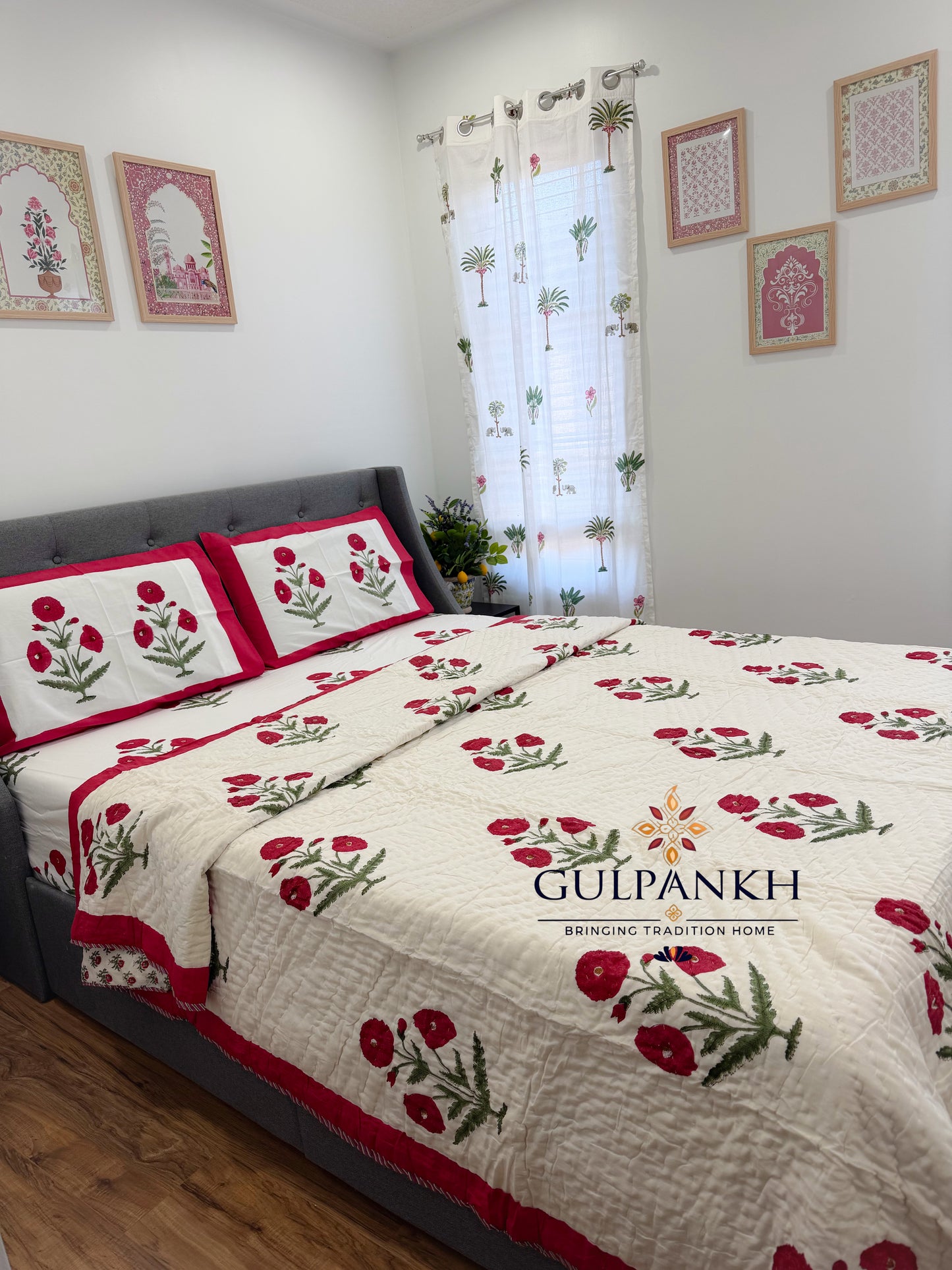 Hand Block Printed Cotton Bedding Set with Quilt - Red Poppy Gulzar | Gulpankh Canada