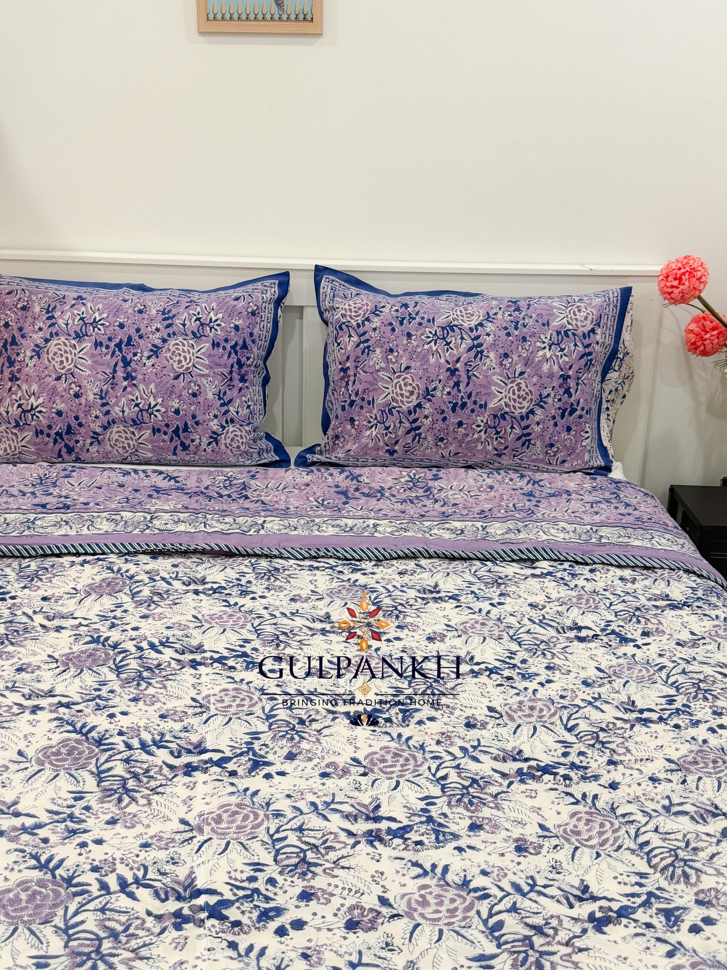 Reversible Hand Block Printed Cotton Quilt - Lavender Noor | Gulpankh Canada