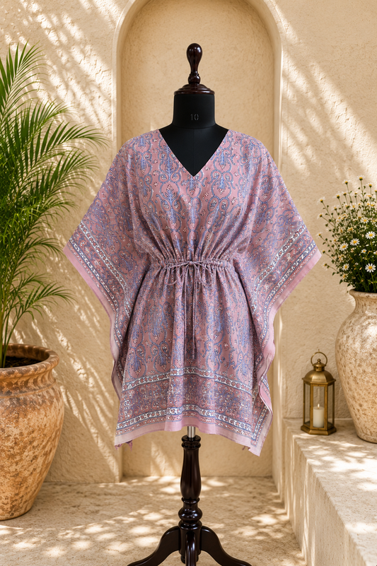 Hand Block Printed Cotton Short Kaftan – Lavender Noor | Gulpankh Canada