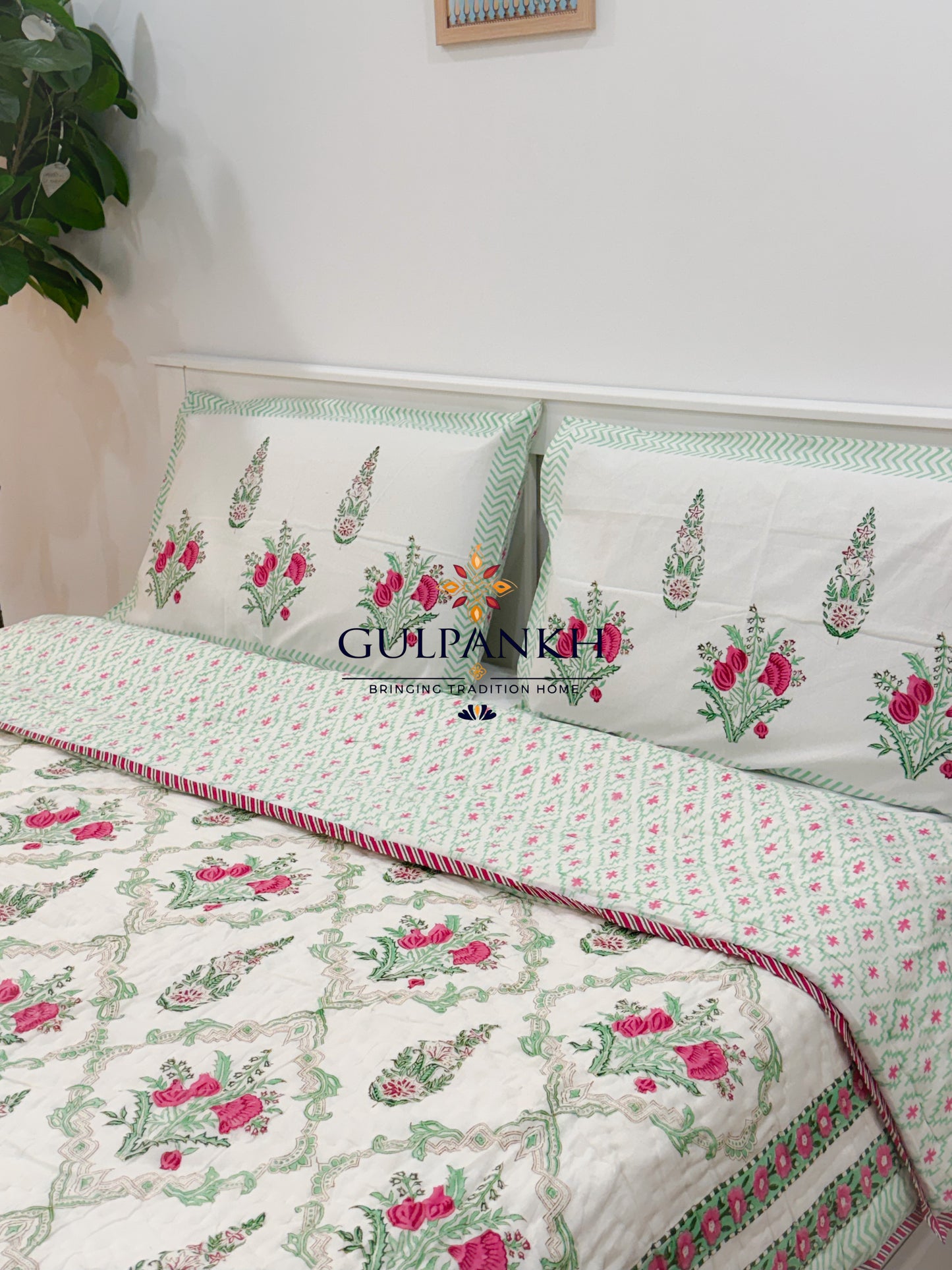 Reversible Hand Block Printed Cotton Quilt - Gulabi Mint Courtyard | Gulpankh Canada