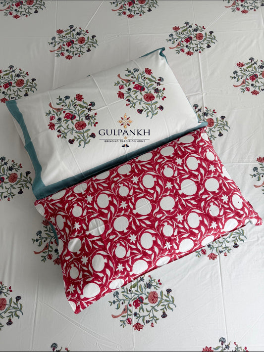 Hand Block Printed 100% Cotton Queen Fitted Bedsheet - Rosé Garden Whisper | Gulpankh Canada