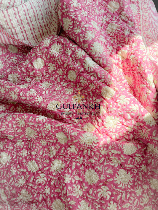 Hand Block Printed Cotton Quilt - Rosé Gulbahar | Gulpankh Canada