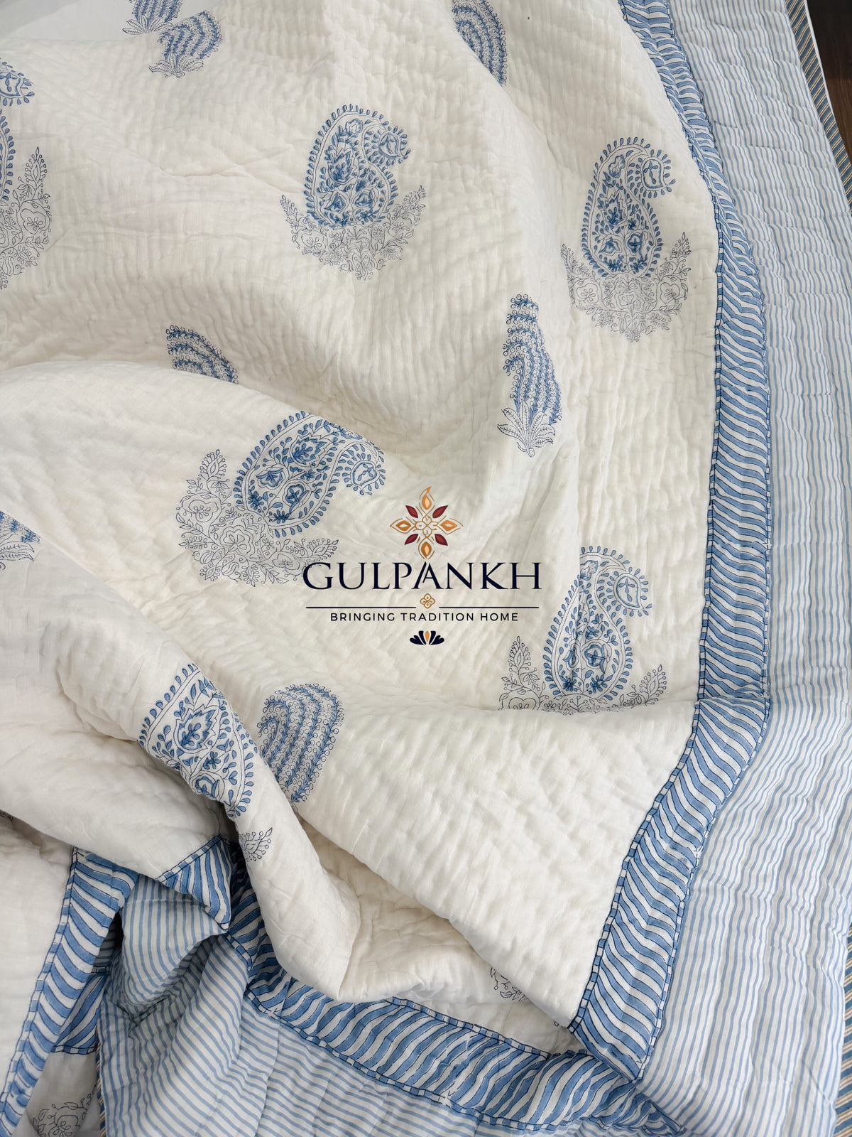 Hand Block Printed Cotton Quilt - Indigo Saaz | Gulpankh Canada