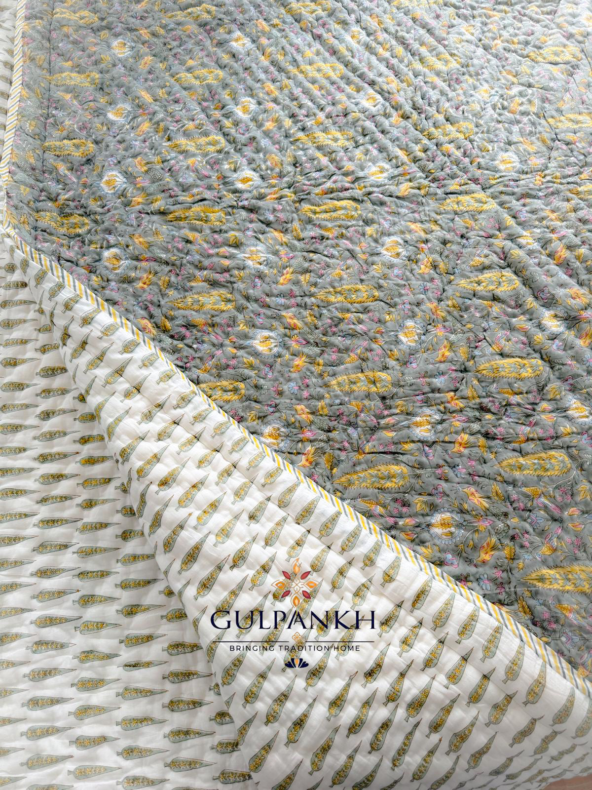 Hand Block Printed Cotton Quilt - Olive Gulzar | Gulpankh Canada