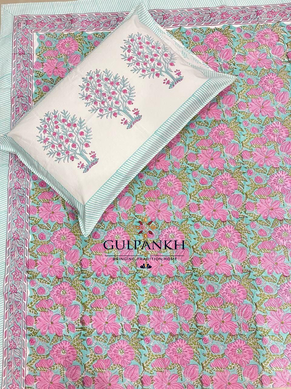Gulabi Bagh Hand Block Printed 100% Cotton Queen Fitted Bedsheet | Gulpankh Canada