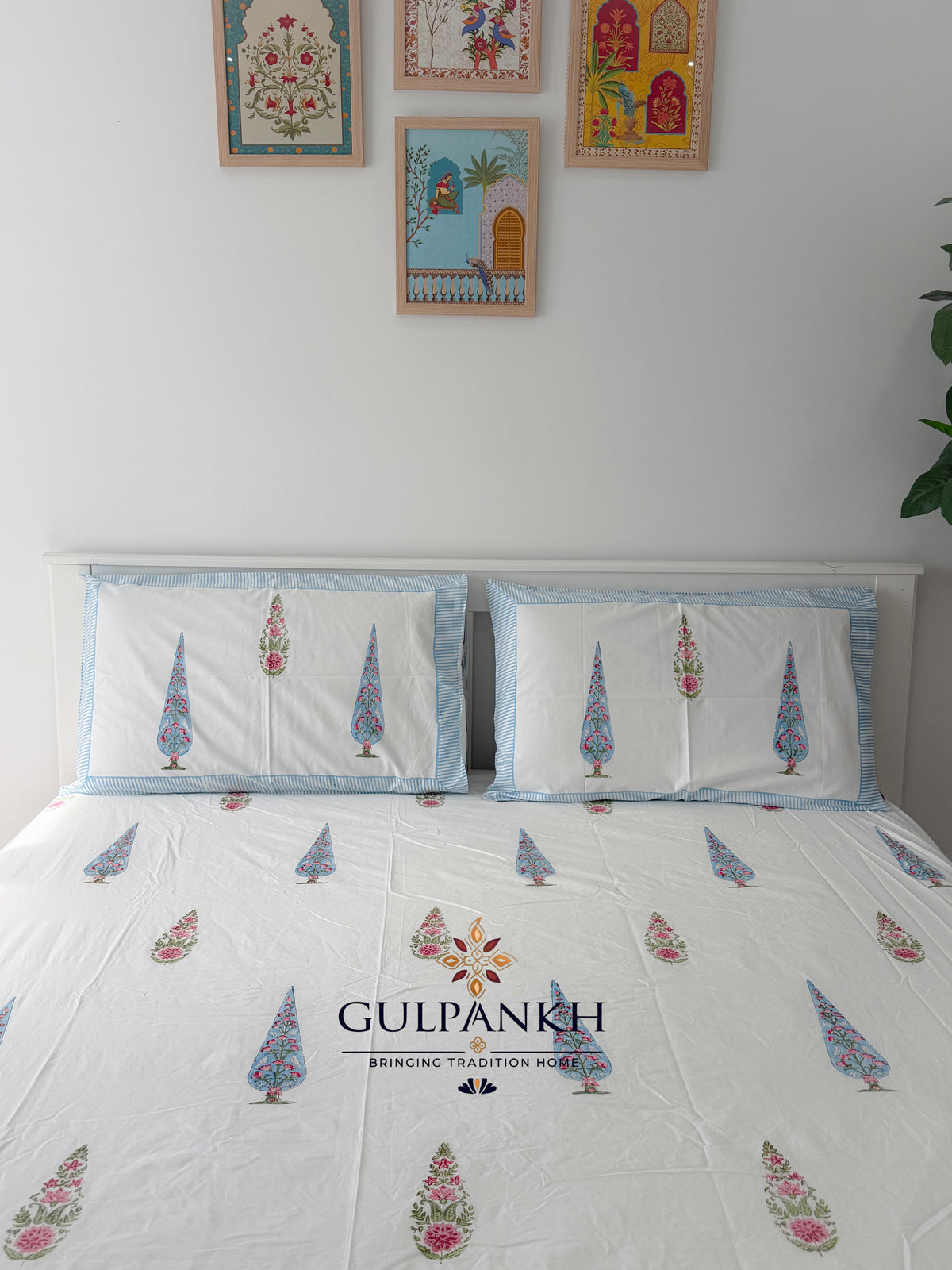 Hand Block Printed 100% Cotton King Fitted Bedsheet - Neel Gulmohar | Gulpankh Canada