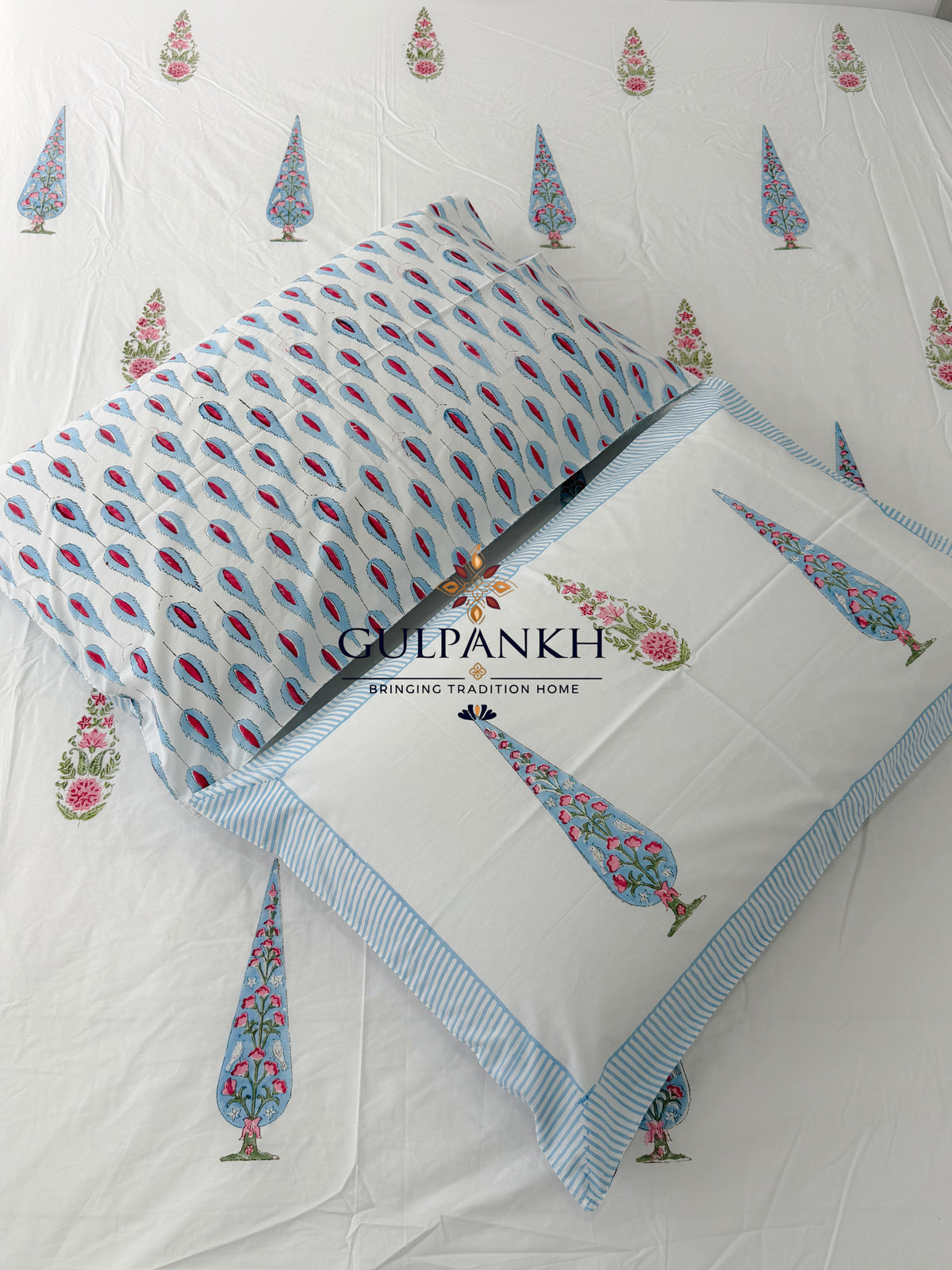 Hand Block Printed 100% Cotton King Fitted Bedsheet - Neel Gulmohar | Gulpankh Canada