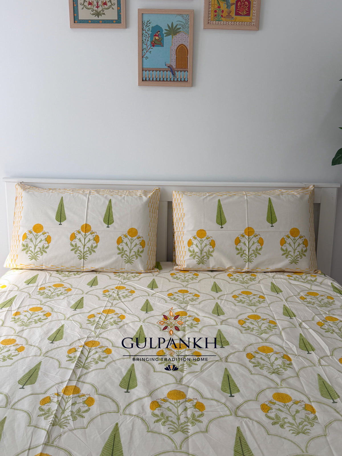 Hand Block Printed 100% Cotton King Fitted Bedsheet - Marigold Courtyard | Gulpankh Canada