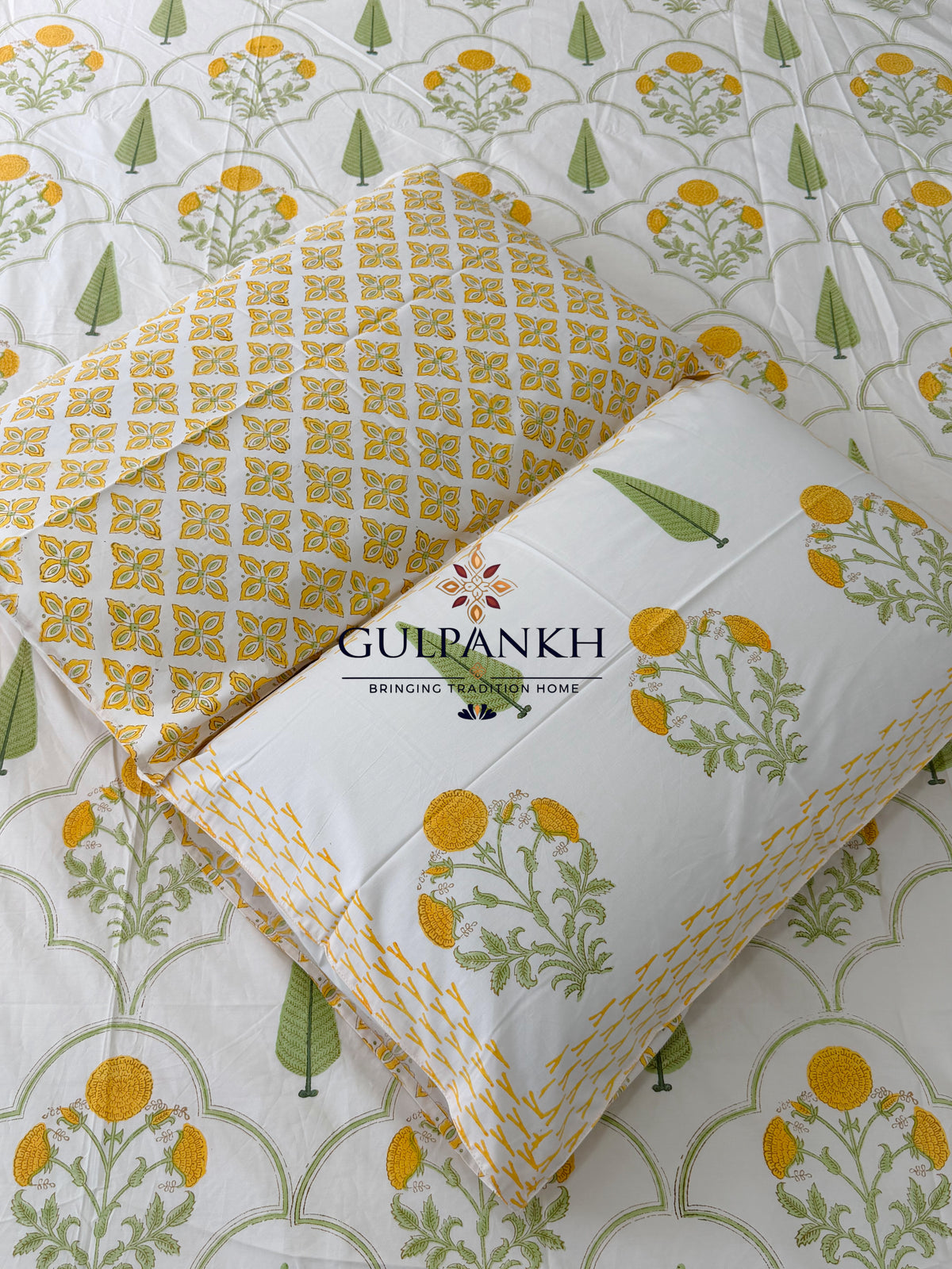 Hand Block Printed 100% Cotton King Fitted Bedsheet - Marigold Courtyard | Gulpankh Canada