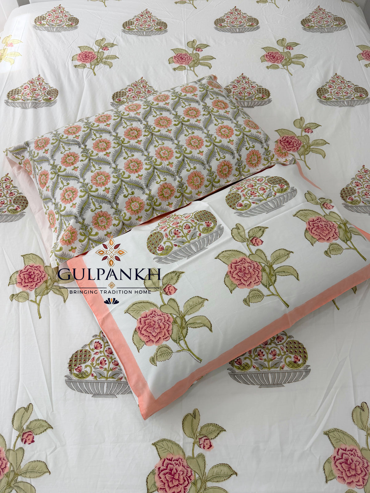 Hand Block Printed 100% Cotton King Fitted Bedsheet - Gulnaar Peach Garden | Gulpankh Canada