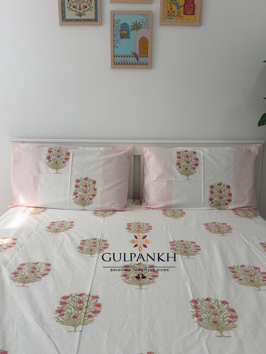 Hand Block Printed 100% Cotton King Fitted Bedsheet - Gul Bagh | Gulpankh Canada