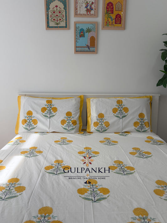 Hand Block Printed 100% Cotton King Fitted Bedsheet - Genda Gulzar | Gulpankh Canada