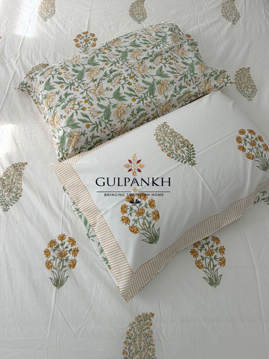 Hand Block Printed 100% Cotton King Fitted Bedsheet - Sunehri Sage Gulbahar | Gulpankh Canada