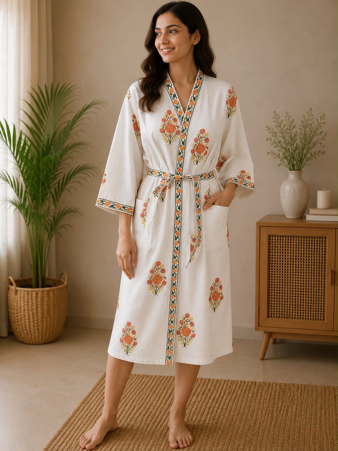 Kesari Gul Hand Block Printed Waffle Cotton Bathrobe – Cotton Spa Robe | Gulpankh Canada