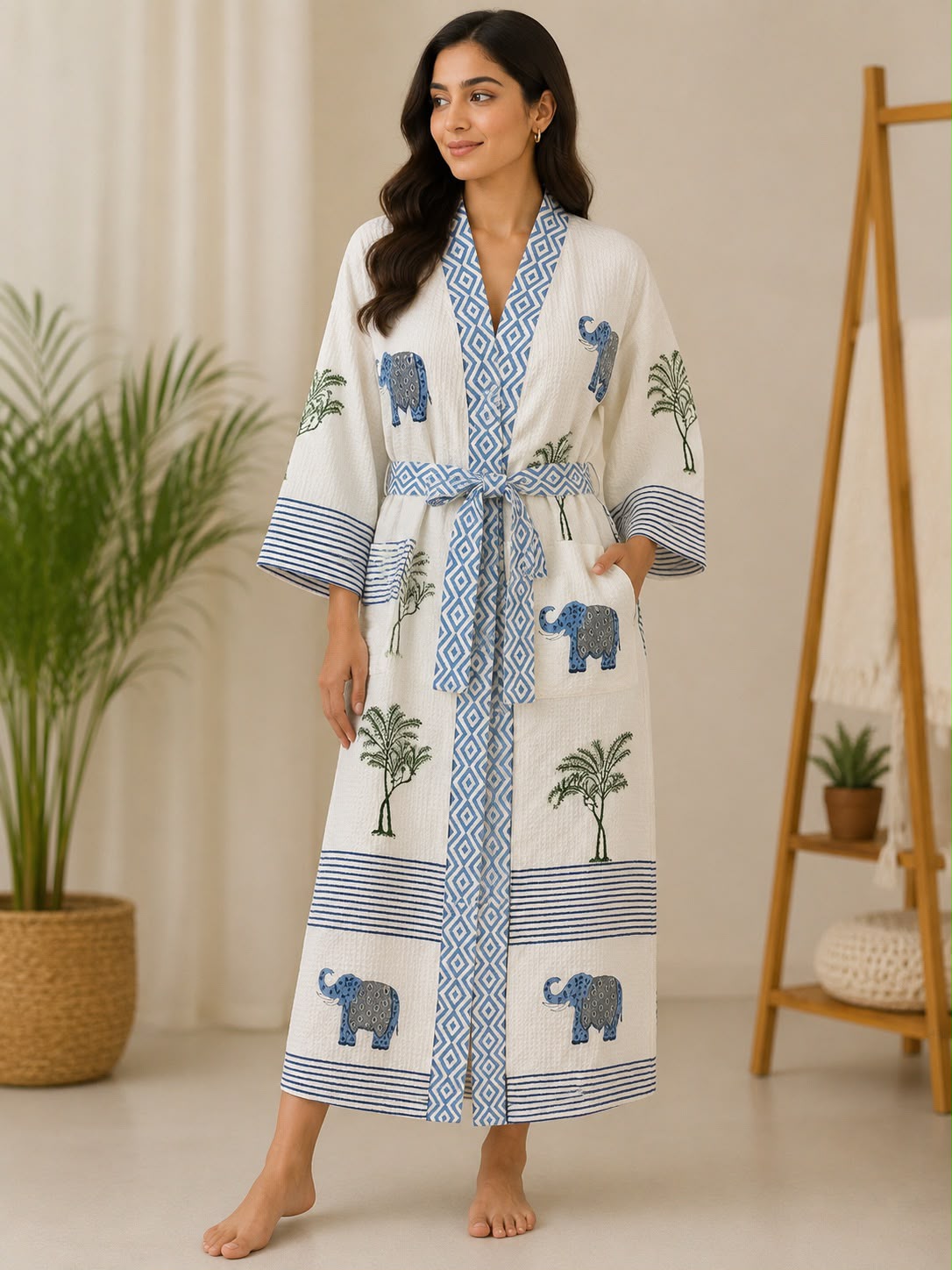 Royal Elephant Garden Hand Block Printed Waffle Cotton Bathrobe – Cotton Spa Robe | Gulpankh Canada