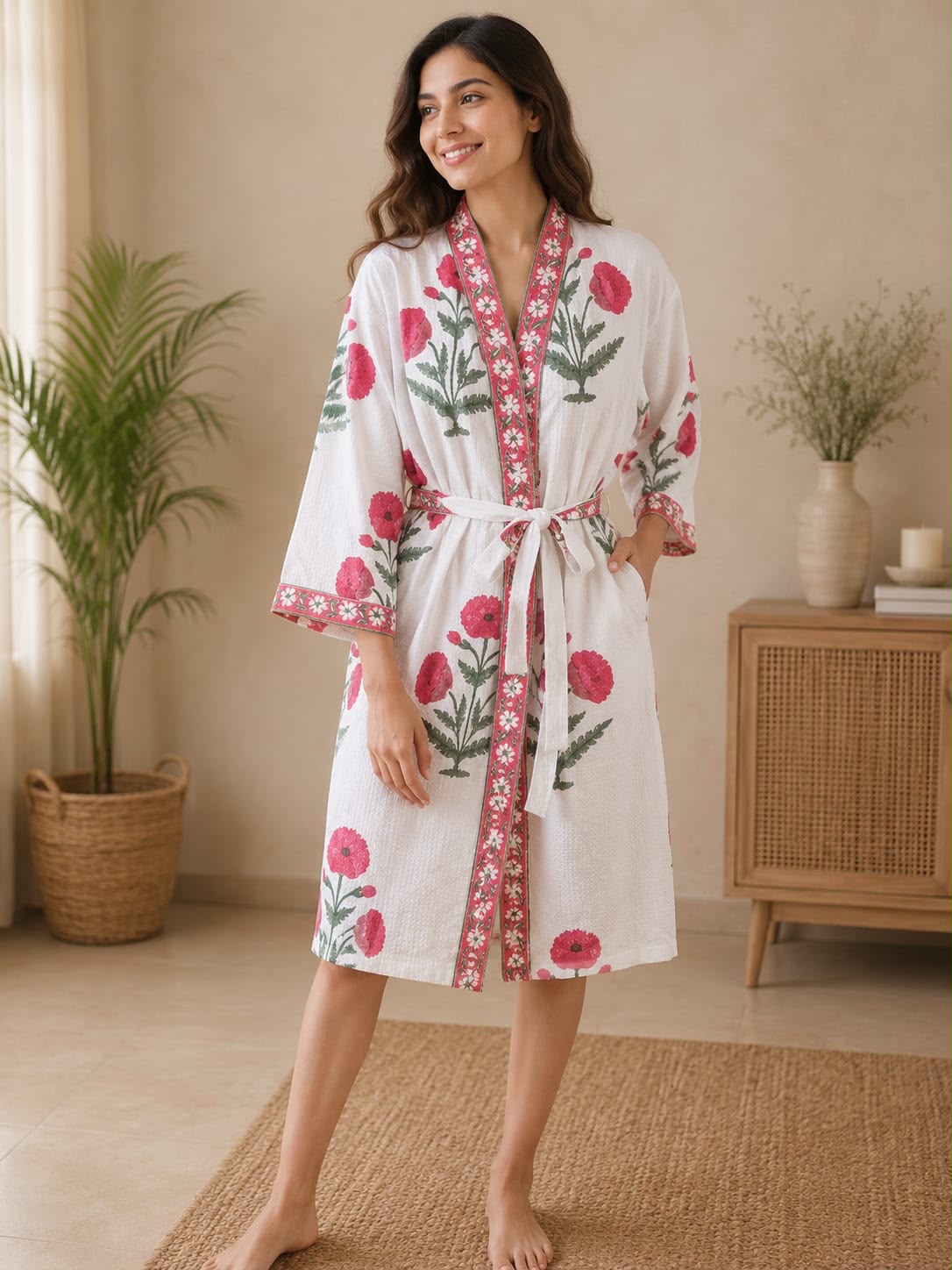 Gul Noor Hand Block Printed Waffle Cotton Bathrobe – Cotton Spa Robe | Gulpankh Canada