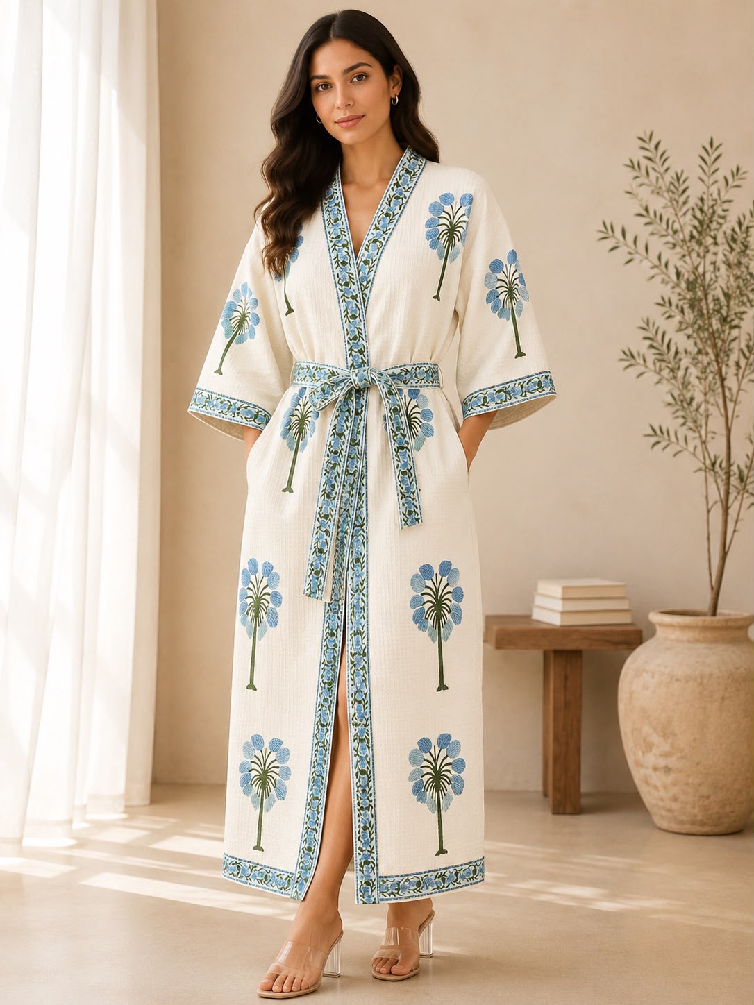 Noorani Gul Hand Block Printed Waffle Cotton Bathrobe – Cotton Spa Robe | Gulpankh Canada