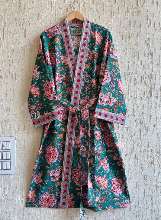 Gulnaar Bloom Hand Block Printed Waffle Cotton Bathrobe – Cotton Spa Robe | Gulpankh Canada