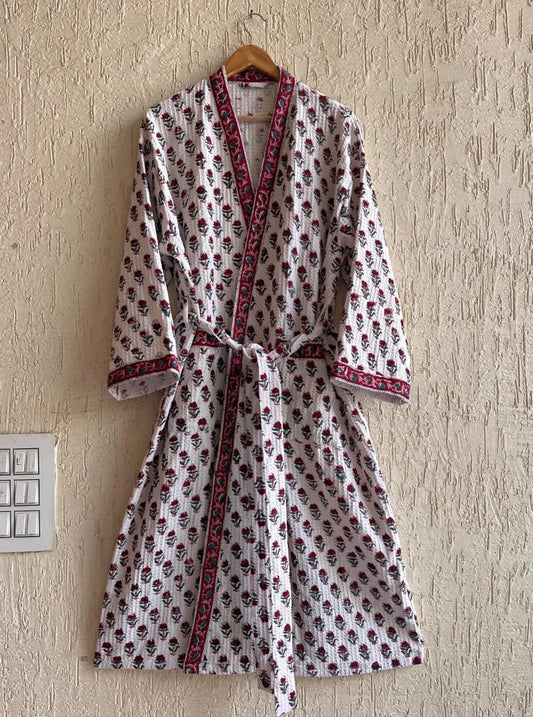 Gulab Pichwai Hand Block Printed Waffle Cotton Bathrobe – Cotton Spa Robe | Gulpankh Canada